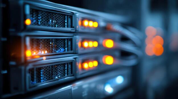 Server Room Data Storage System with Lights, High-Tech Infrastructure, Cybersecurity, and Technology Solutions photo