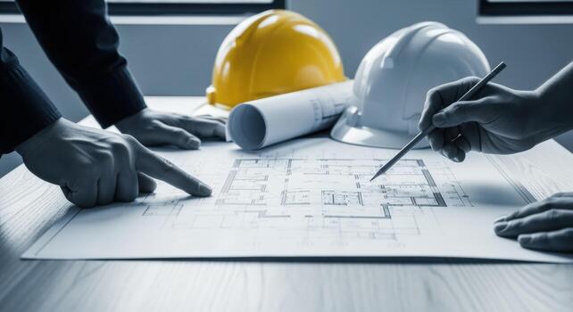 construcción equipo revisando arquitectónico planos en un mesa con difícil sombreros presente para la seguridad y colaboración foto