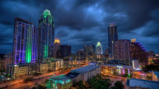 Nighttime Cityscape View with Illuminated Skyscrapers and Dramatic Cloudy Sky, Representing Urban Development and Modern Architecture photo
