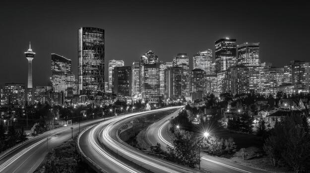 Monochromatic Cityscape at Night Illuminated Skyline and Flowing Traffic, Urban Elegance and Modern Architecture photo