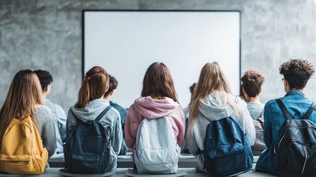 estudiantes asistiendo conferencia en moderno salón de clases con blanco pizarron para educativo presentación y aprendizaje foto