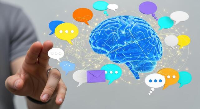 Conceptual Image of Holographic Brain with Speech Bubbles Displaying Communication and Intelligence within a Digital Network photo