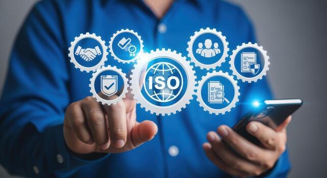 ISO Standards Concept Man Interacting with Digital Interface for Quality Assurance and Compliance photo