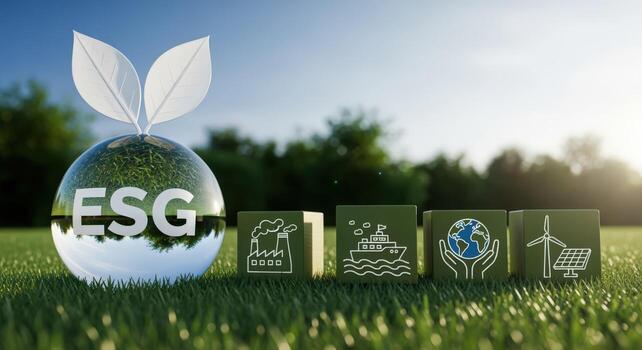 Environmental, Social, Governance concept with sustainable development icons on grass, demonstrating a commitment to environmental protection and responsible business practices photo