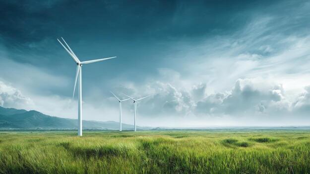 Wind Turbines in Green Field Under Cloudy Sky Sustainable Energy and Clean Power Generation photo