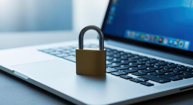 Laptop Security Concept Padlock Resting on Keyboard Illustrating Data Protection and Digital Privacy photo