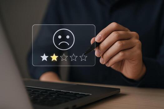 Negative Online Review with One Star Rating Displayed on a Digital Interface, with Laptop photo
