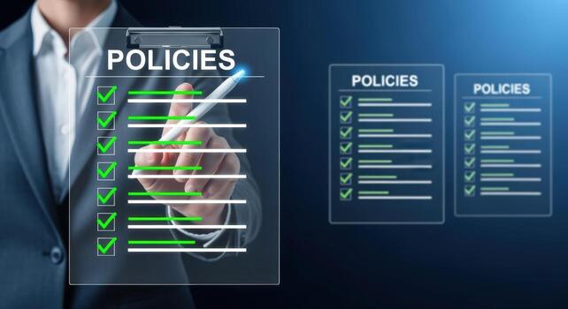 Business Professional Reviewing Corporate Policies and Procedures Checklist on a Digital Interface with Agreement photo