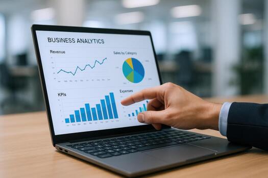 Analyzing Business Data on Laptop Man Pointing to Financial Charts and Graphs for Strategic Decision-Making photo