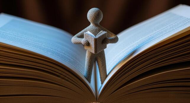 Reading Figure Standing on an Open Book Under Dim Lighting Showcasing Literary Exploration photo