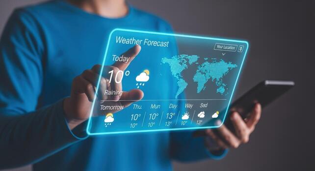 Man Interacting with Futuristic Weather Forecast Interface on a Transparent Display, Showcasing Modern Technology photo