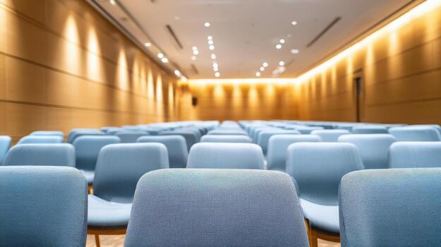 Empty Conference Room with Rows of Blue Chairs Ready for an Event or Presentation photo