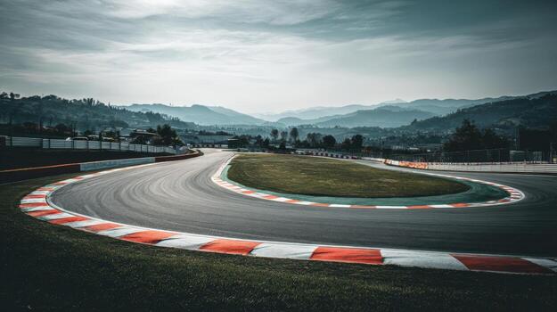 Dramatic Curved Racetrack View with Mountain Backdrop, Conveying Speed, Competition, and Precision Under Cloudy Skies photo