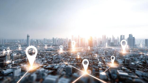 Smart Cityscape Aerial View with Location Pins, Connectivity Network, and Modern Architecture for Urban Technology photo