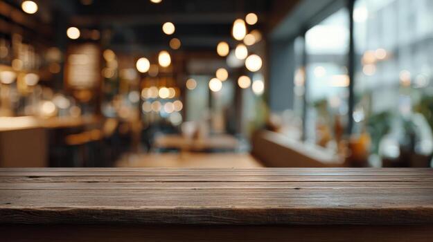 Wood Tabletop in Blurred Cafe Setting Perfect for Product Mockups and Backgrounds photo