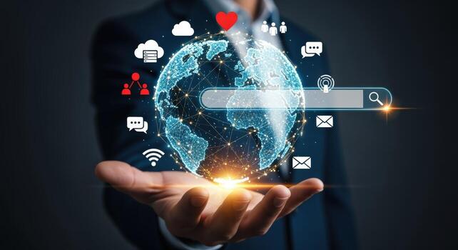 Global Connectivity Concept A Hand Holding a Digital World for Communication and Networking photo