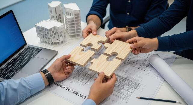 arquitectos colaborar conectando rompecabezas piezas terminado planos, simbolizando camaradería y resolución de problemas para exitoso construcción proyectos foto