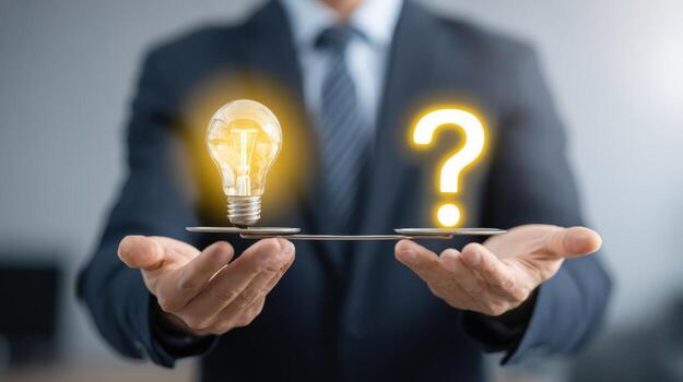 Concept of problem solving Man holding light bulb and question mark icon in hands photo