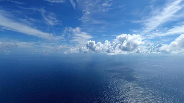 Blue Ocean Aerial View with Clouds and Sunlight Reflecting on the Water Surface photo