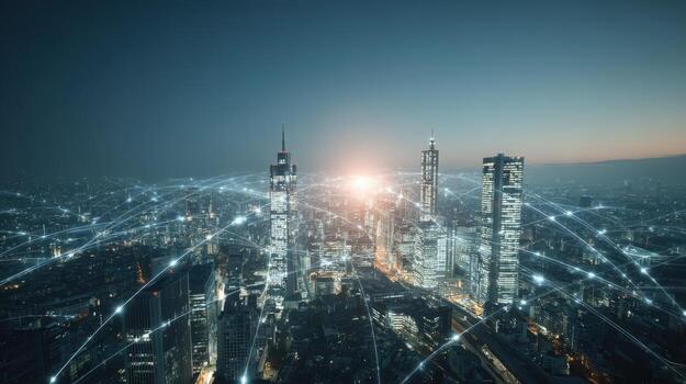 Futuristic Cityscape at Night with Digital Network Overlay, Showcasing Connectivity and Urban Development photo