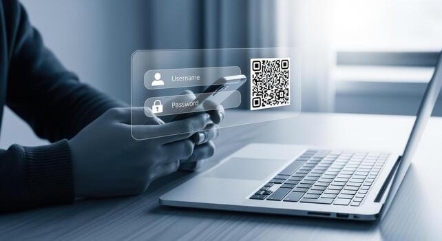 Secure Online Access Person Using Mobile for Two-Factor Authentication with QR Code on Laptop photo