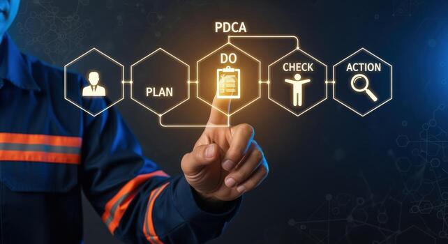 PDCA Cycle Presentation Business Professional Demonstrates Plan, Do, Check, Act Methodology for Continuous Improvement and Quality Management photo