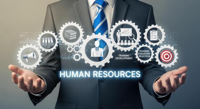 profesional presentación humano recursos estrategia con engranaje gráficos en negocio traje en gris antecedentes foto