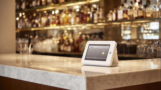 Digital Point of Sale System on a Marble Bar Countertop in a Luxurious Establishment photo