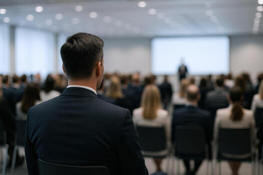 Attendee at Business Conference Watching Presentation on Screen - Corporate Event with Audience photo