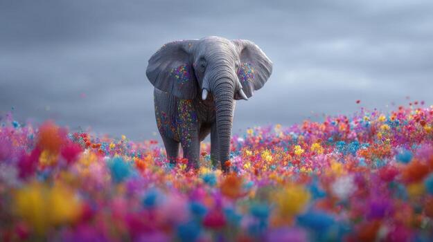 Elephant Walking Through Colorful Flower Field Under Dramatic Sky, Symbolizing Strength and Peace photo