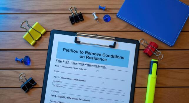 Petition Document on Clipboard with Push Pins and Binder Clips, Flat Lay on Wood Surface photo