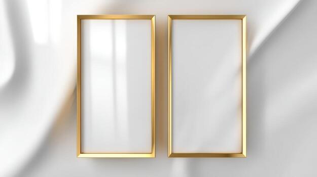 Elegant Gold Frame Mockups on White Silk Fabric, Ideal for Art Display and Product Showcase photo