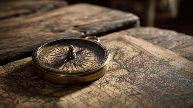 Antique Compass Resting on an Old World Map, Exploring Themes of Navigation and Discovery photo