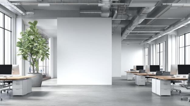 moderno plan abierto oficina espacio con natural luz, plantas, y blanco pared para personalización foto