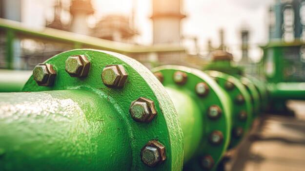 Industrial Green Pipeline Close-Up of Flanges, Bolts, and Piping System in a Refinery Environment photo