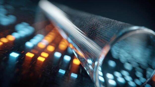 Fiber Optic Cable Close-Up Over Abstract Data Display, Representing High-Speed Connectivity and Modern Technology photo