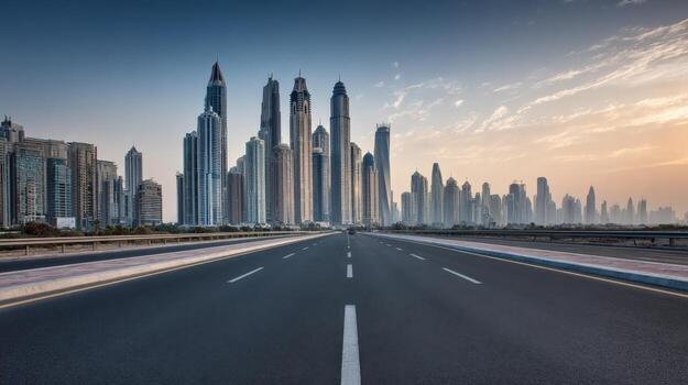 Dubai Skyline at Dusk Modern Cityscape with Empty Road Leading to Urban Architecture photo