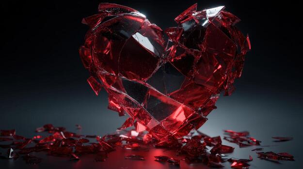 Shattered Glass Heart Conceptual Image of Loss, Pain, and Fragility in Dark Red Tones photo