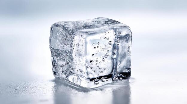 Single Ice Cube on Reflective Surface, Close-Up Shot with Trapped Air Bubbles, Selective Focus photo