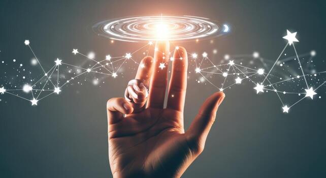 Hand Reaching for Digital Galaxy Future Technology, Connectivity, and Innovation Concept with Starry Network photo
