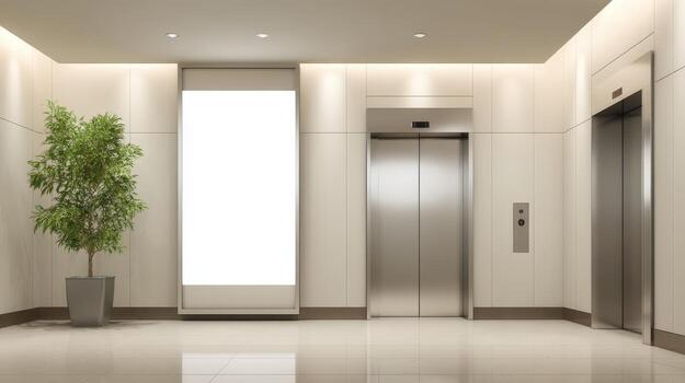 Modern Building Lobby with Elevator, Blank Advertisement Space, and Potted Plant for Mockup photo