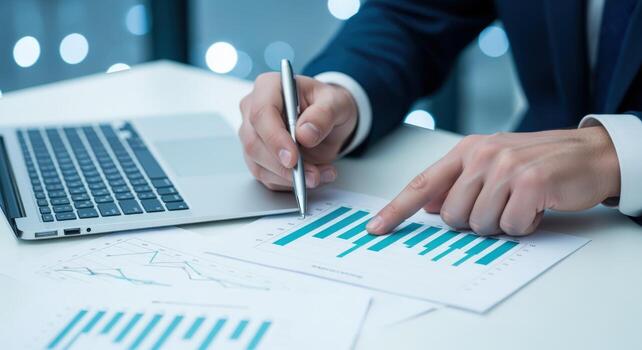 Financial Analyst Reviewing Business Performance Charts and Graphs on a Desk with Laptop for Data Analysis photo