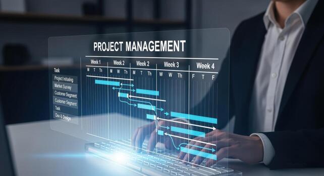 Professional Man Overseeing Project Management Timeline, Task Progress, Deadlines, Using Technology, Achieving Business Goals photo