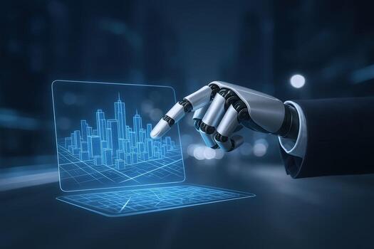 Futuristic Cityscape Interface Robot Hand Interacting with a Holographic Screen for Urban Planning photo