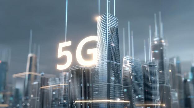 5G Network Technology Over Cityscape Wireless Communication, High-Speed Internet Connectivity in a Digital Age photo