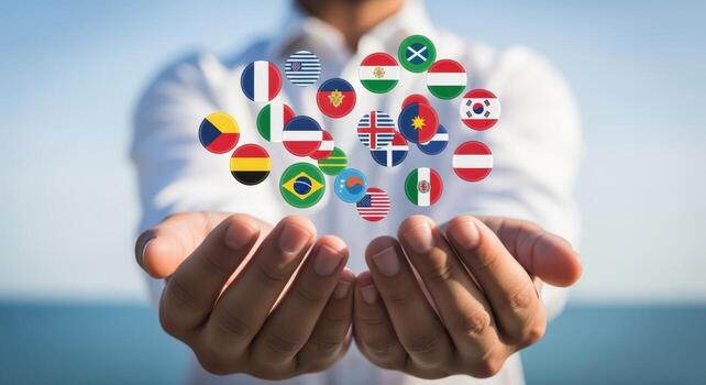 International Business Concept Man Holding Holographic Display of World Flags, Representing Global Connections and Communication photo