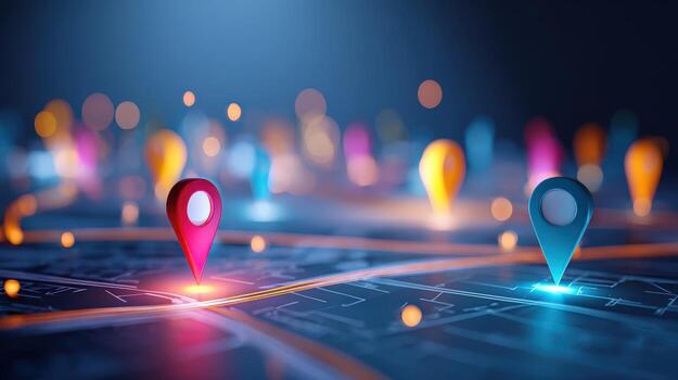Navigation and Location Concept with Colorful Pins Marking Points on a Futuristic Map photo