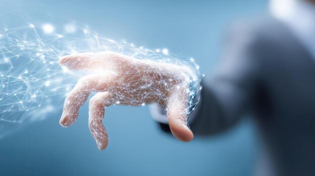 Connecting Hand Reaching Out in Digital Space Representing Future Technology, Data, Connection, Innovation and Artificial Intelligence photo