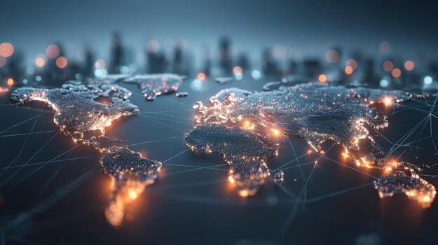 World Map Connectivity with Glowing City Lights and Network Connections, Technology Innovation Global Scale photo