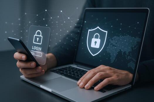 Data Security Authentication Person Using Mobile and Laptop with Login and Shield Icons Overlay photo
